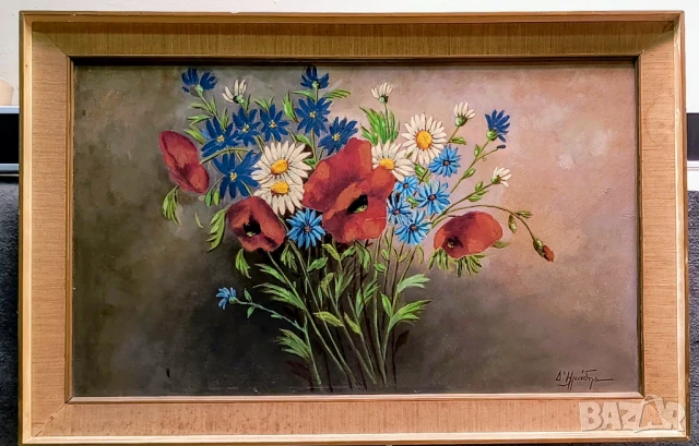 Оригинална маслена картина с цветя – подписана, Гърция, XX век
