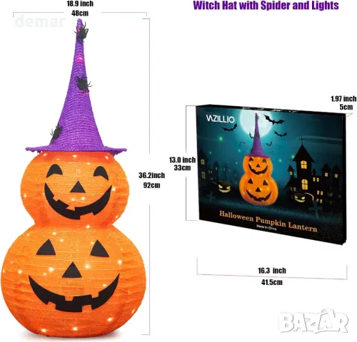 Тиквени светлини за Хелоуин, LED, на батерии, с шапка на вещица, сгъваеми (92 см височина), снимка 5 - Декорация за дома - 47990632