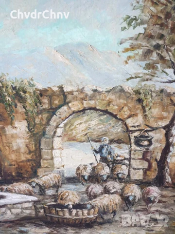 131х81см/стара голяма картина масло върху платно/къща-двор-овце-кладенец/барокова дървена рамка, снимка 6 - Картини - 50978396