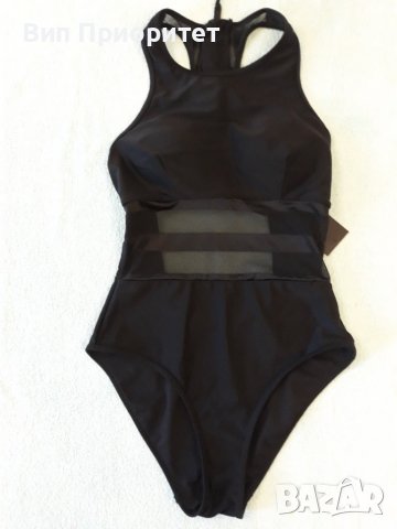 Ефектен цял бански черен с прозрачен сегмент и цип, снимка 1 - Бански костюми - 37249418