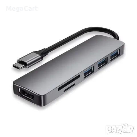 Докинг станция DeTech, 6в1 USB3.1 Type-C-USB3.0*3+4K, HDMI 4K 30Hz,SD/TF Card, Сив