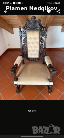 Масивен стар стол със орнаменти,глава и крака на лъв, снимка 14 - Столове - 39663658