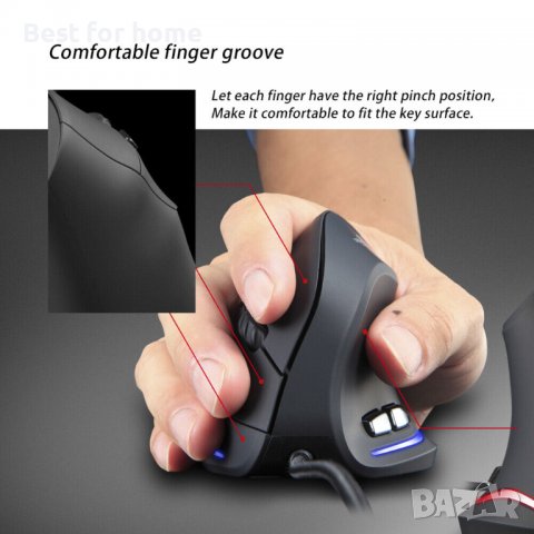 Вертикална мишка, ергономична мишка Zelotes T20, 3200 DPI 6 бутона LED оптична USB кабелна мишка за 