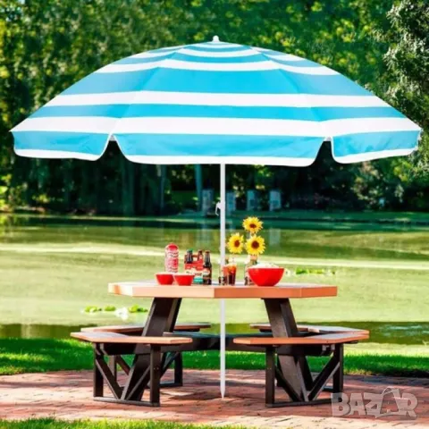Кръгъл плажен чадър чупещ, зелен/син райе различни размери 1.7м, 2.00м, снимка 7 - Градински мебели, декорация  - 49465195