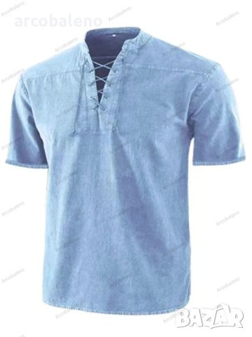 Ежедневна мъжка риза с къс ръкав и ретро тъкана яка с връзки, 8цвята , снимка 4 - Ризи - 40761078