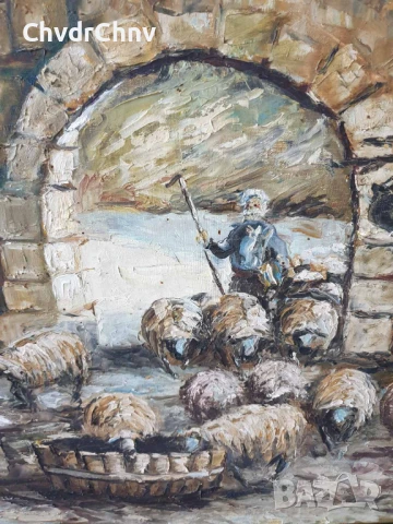 131х81см/стара голяма картина масло върху платно/къща-двор-овце-кладенец/барокова дървена рамка, снимка 7 - Картини - 50978396