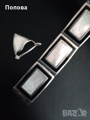 Дизайнерски сребърен масивен лот  с оникс и седеф /гривна и медальон/, снимка 2 - Бижутерийни комплекти - 31968256