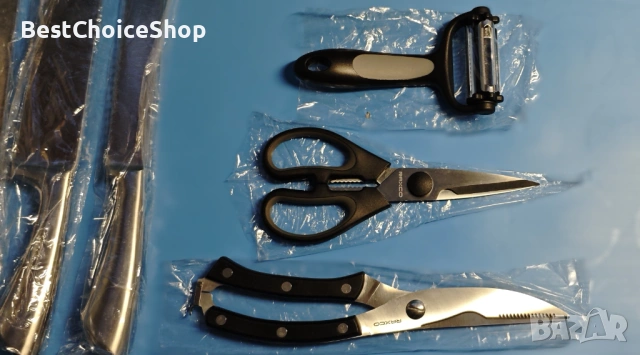 Комплект ножове RAXCO, 18-части с блок и точило, неръждаема стомана, снимка 8 - Прибори за хранене, готвене и сервиране - 53892188