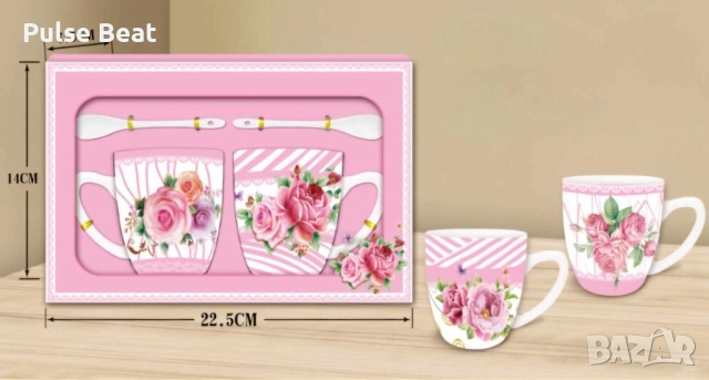 Порцеланов комплект 2 чаши с 2 лъжици. Различни модели, снимка 4 - Чаши - 52406723