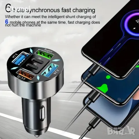 Зарядно за кола с 4 x USB  и 2 x Type C порта, LED, снимка 5 - Зарядни за кола - 47788394