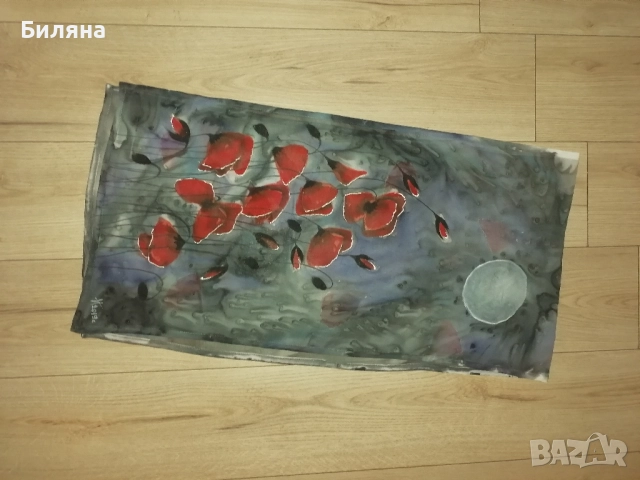 Ръчно рисуван шал с макове, снимка 2 - Шалове - 51474935