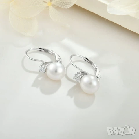 Изящни Сребърни Обеци проба 925 с Цирконий и Бяла Перла 8 мм, снимка 3 - Обеци - 51108939