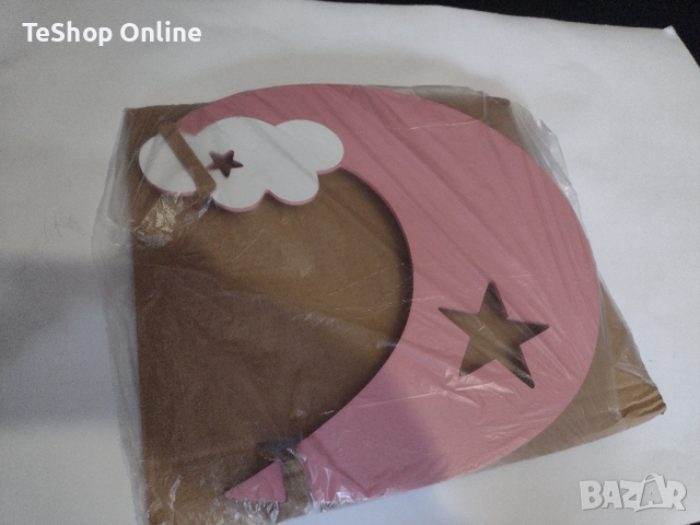 Нощна лампа детска Kazo на батерии, изработена от дърво полумесец розова, снимка 4 - Настолни лампи - 44667693