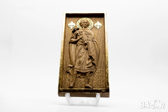 Позлатена икона на свети Виктор от масивен дъб със злато, снимка 4 - Икони - 53224421