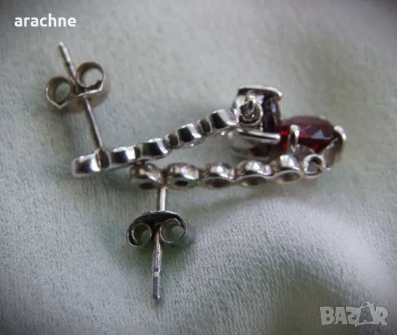 Руски сребърни обици с рубелит и фианити, снимка 4 - Обеци - 49558947