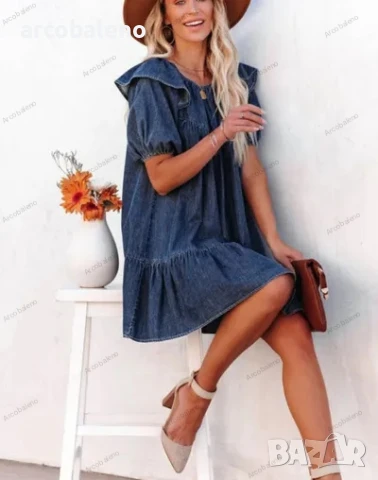 Дамска дънкова свободна ежедневна къса рокля с волани, снимка 4 - Рокли - 44313866