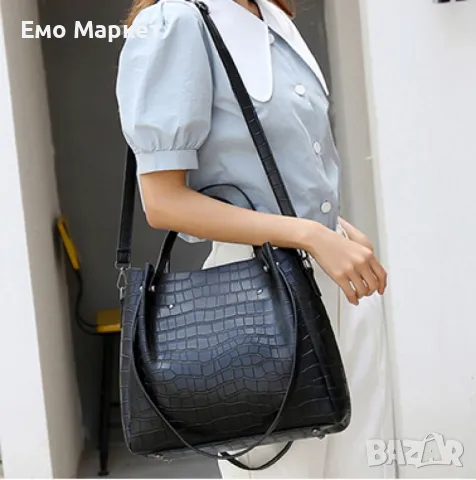 Комплект от дамски чанти в черен цвят, с кроко ефект, снимка 3 - Чанти - 50169615