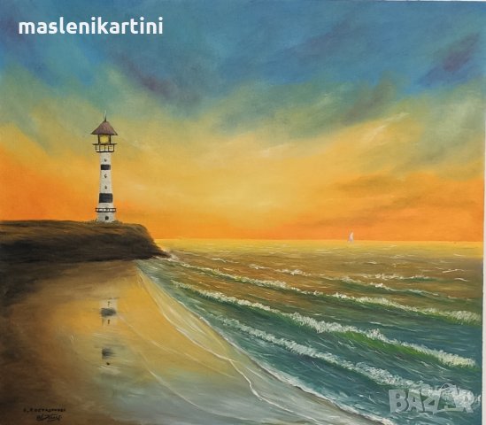 Маслена картина море и морски фар, снимка 2 - Картини - 31651710