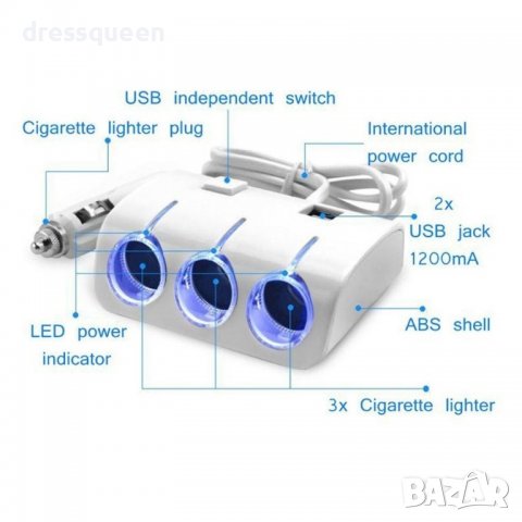 1506 Разклонител за запалка с 3 куплунга и 2 бр. USB, снимка 5 - Аксесоари и консумативи - 37284919
