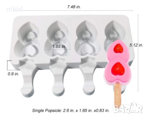 4 малки ескимо двойни сърца сладолед Popsicle Попсикъл молд силиконова форма калъп направа десерти, снимка 2 - Форми - 36438761