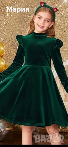 Детска рокля зелено кадифе
