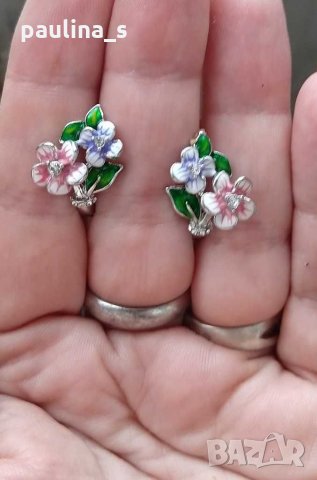 Уникални обеци с ръчно рисуван емайл и кристали - цветя, снимка 6 - Обеци - 29502556