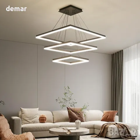 Модерен LED полилей, димируем, 3-слоен квадрат, регулиране на височина, снимка 6 - Полилеи - 48205109