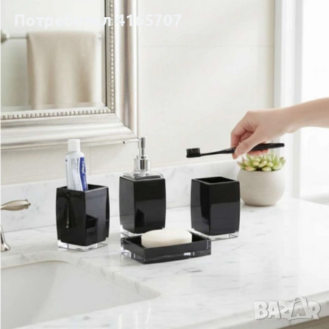 Комплект аксесоари за баня Cheffinger – 4 части, дозатор за сапун, чаша за четки и сапунерка, снимка 2 - Други стоки за дома - 53192246