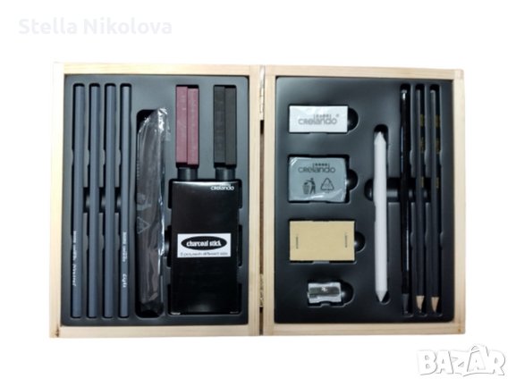 Комплект въглени за рисуване в дървено куфарче