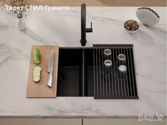 Черна гранитна мивка с две корита за вграждане под плот Лондон 80 Twin 760 x 470 мм