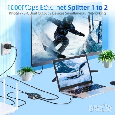 Нов Ethernet Adapter 1 в 2 RJ45 Type-C 1000Mbps за 2 устройства Адаптер интернет, снимка 3 - Друга електроника - 54233574