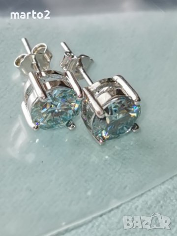 Сребърни Обеци S925 със синьо-зелени Мойсанити - по 1 карат на обеца, снимка 12 - Обеци - 37376472