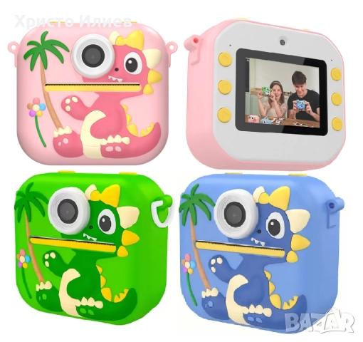 Детски фотоапарат за моментални снимки с принтер и вградени игри Зелен Син Розов