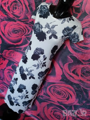 Дълга бяла рокля на сиво/черни цветя М, снимка 3 - Рокли - 37618925