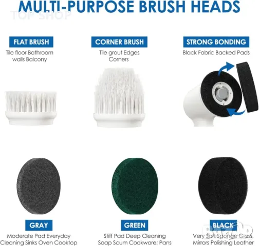 Електрическа безжична почистваща четка за захранване с 6 сменяеми глави на четки и 2 ско, снимка 2 - Съдове за готвене - 48830195