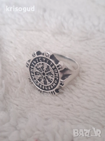 Мъжки сребърен пръстен S925 с Викингски компас Vegvísir & руни 18мм., снимка 3 - Пръстени - 53121429