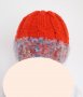 НОВА Ръчно плетена шапка - ярко оранжева, с мохерна лента - светло синьо!, снимка 3
