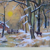 Зимен пейзаж, акварел, стара картина, снимка 4 - Картини - 29121088