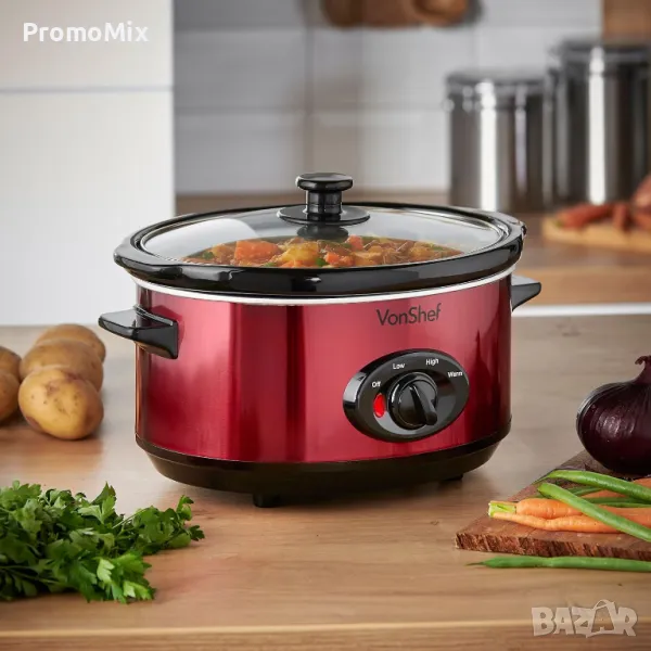 Уред за бавно готвене VonShef 50 339 Slow Cooker 3.5л 170W Съд за готвене с капак Оризовар, снимка 1