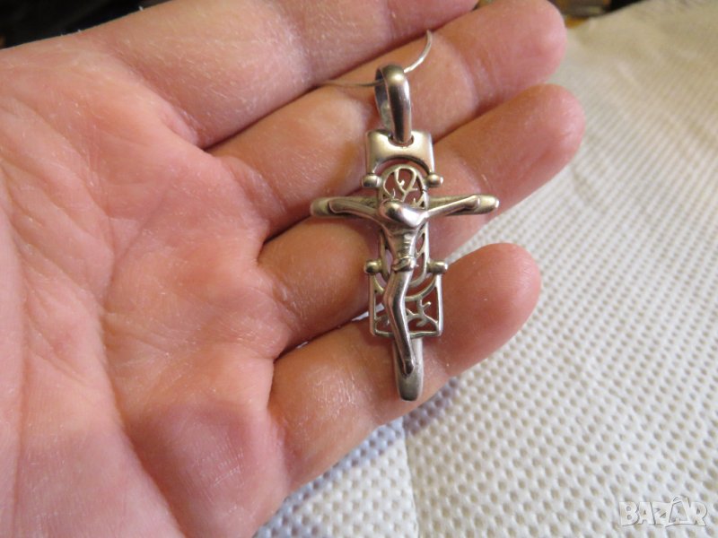 сребърен кръст с синджирче  разпятие Христово, Исус Христос и сребърно синджирче сребро, снимка 1