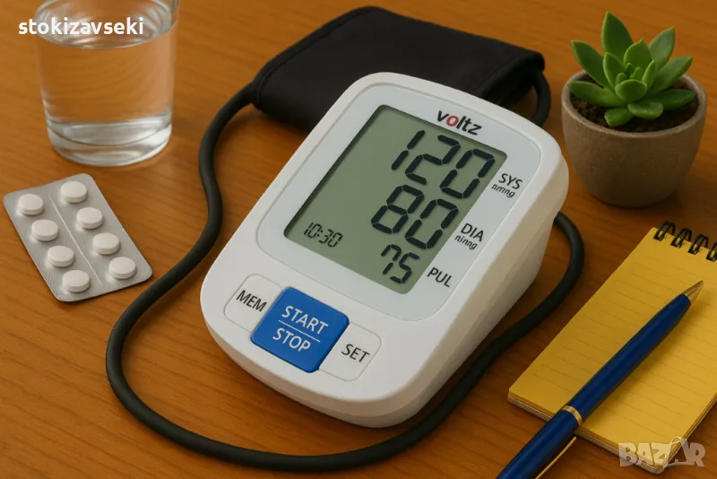 Апарат за кръвно налягане Voltz, Маншет, 2х90 позиции памет, LCD дисплей, Бял, снимка 1