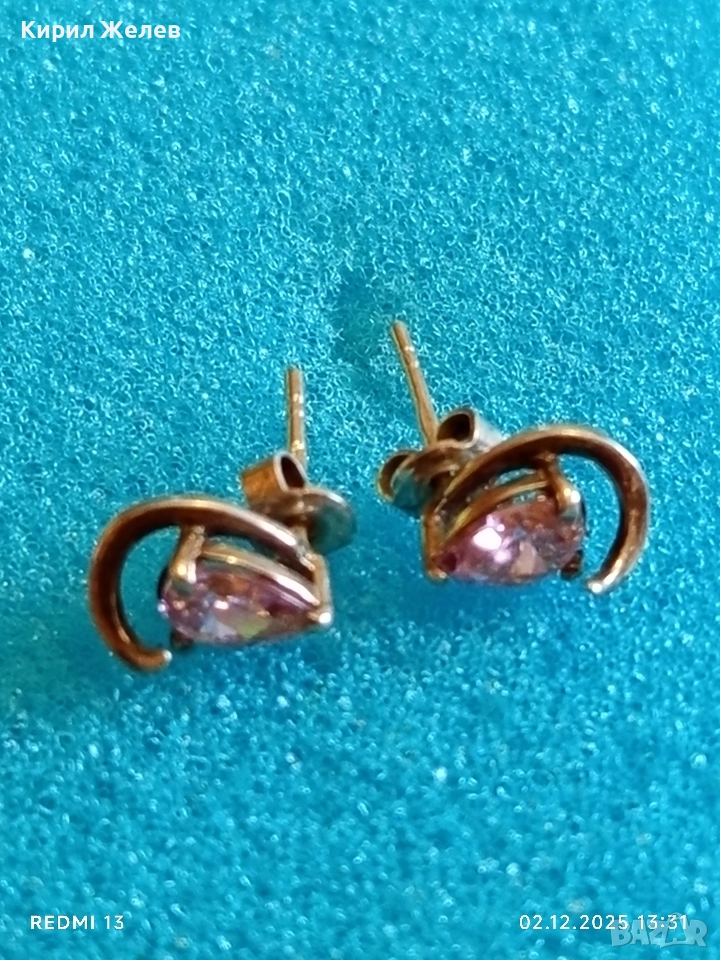 Изящни сребърни обеци елегантни с розов камък майсторска ръчна изработка 48944, снимка 1