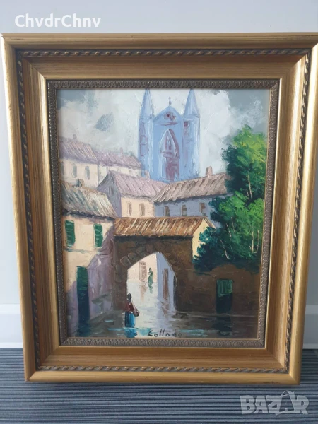 Collado 55х47см/испанска картина масло върху платно/градски пейзаж/къщи-катедрала/дървена рамка, снимка 1