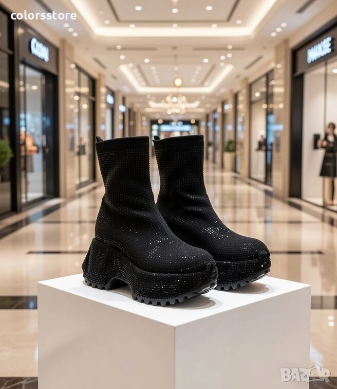 Спортни обувки на платформа - черни с камъчета - 5WL110 , снимка 1