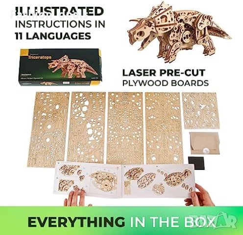 Нов Динозавър 3D Пъзел Трицератопс - Механичен Модел за Възрастни, снимка 2 - Други - 42872010