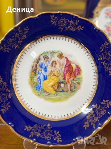 Трите грации, кобалт, позлата⚜️  MZ (Moritz Zdekauer)  Порцеланова чиния , снимка 2 - Чинии - 53156567