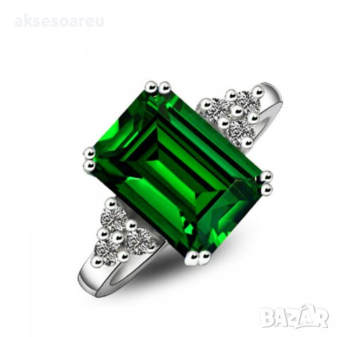 Пръстен със стерлингов зелен син камък сапфир 925 сребърен посребрен за жени годежен изумруден за мо, снимка 5 - Пръстени - 38379784