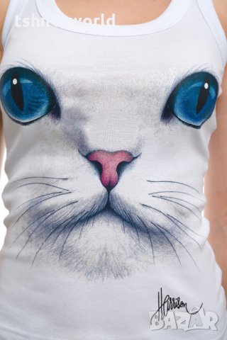 Нов дамски бял потник с 3D принт Котка със сини очи, Х-гръб, прав гръб, снимка 2 - Потници - 28361545