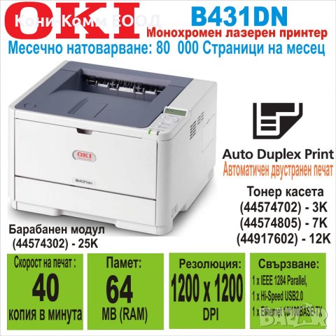 Лазерен принтер OKI B431DN-Дуплекс,USB, Network, Wireless & Parallel, снимка 1 - Принтери, копири, скенери - 40602866