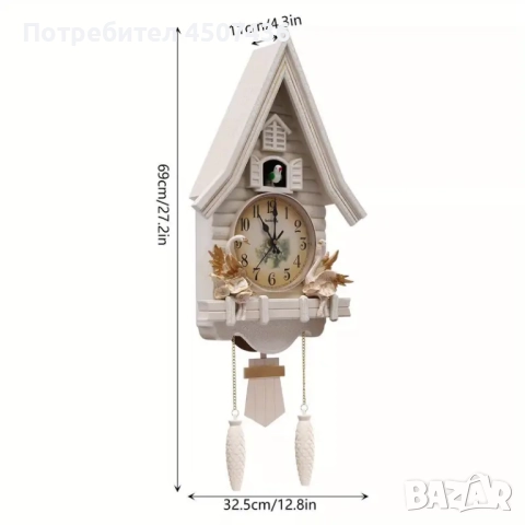 Бял стенен часовник с кукувица,форма на къща,безшумен, регулируема сила на звука, снимка 7 - Стенни часовници - 52116104